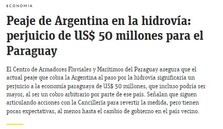 Peaje de Argentina en la hidrovía: perjuicio de US$ 50 millones para el Paraguay